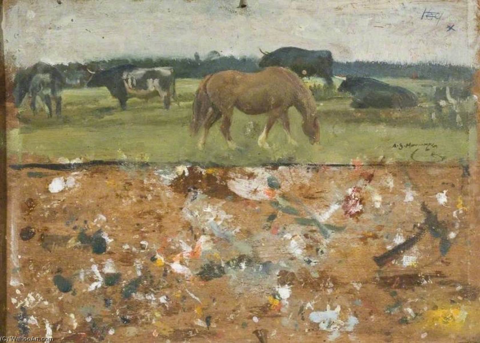 Studie Eines Pferdes Und Ochsen Beim Grasen (verso) — Sir Alfred James Munnings