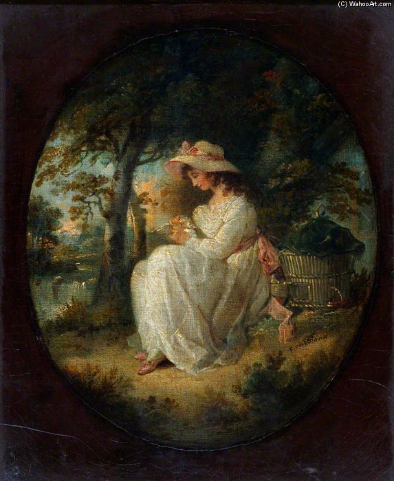 A Girl Seated And Fondling A Dove — George Morland