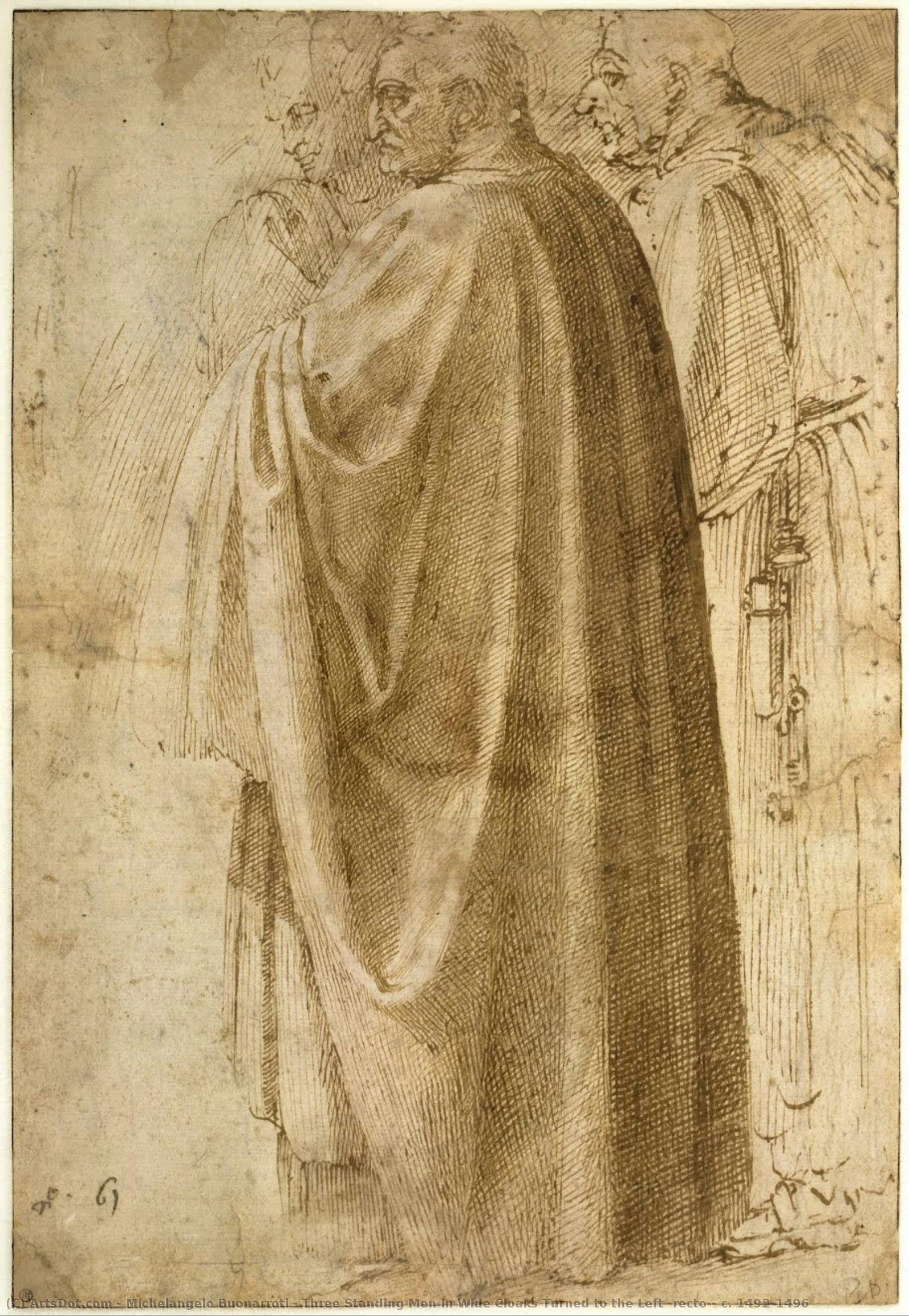 Three Standing Men In Wide Cloaks Turned To The Left (recto), C. 1492-1496 — Michelangelo Buonarroti