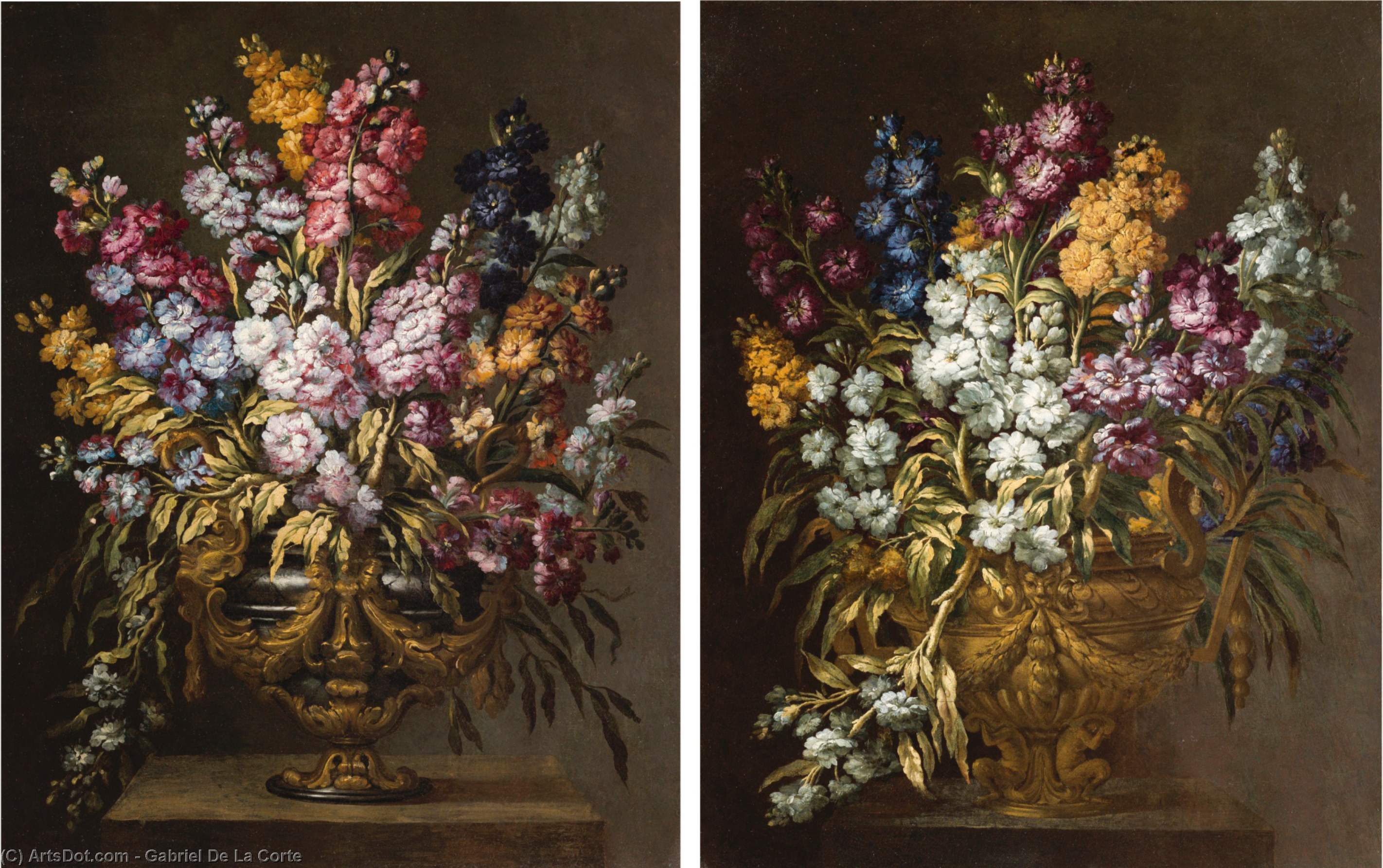 A Pair Of Still Lifes Of Flowers In Elaborate Gilt Urns, Each On A Stone Pedestal — Gabriel De La Corte