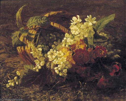 Cherryblossem And Primroses In A Basket — Geraldine Van De Sande Bakhuyzen