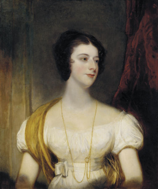 Portrait Of A Lady, Bust-length, In A White Gown And Golden Shawl — George Henry Harlow