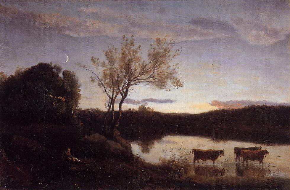 Pond With Three Cows And A Crescent Moon — Jean-baptiste-camille Corot