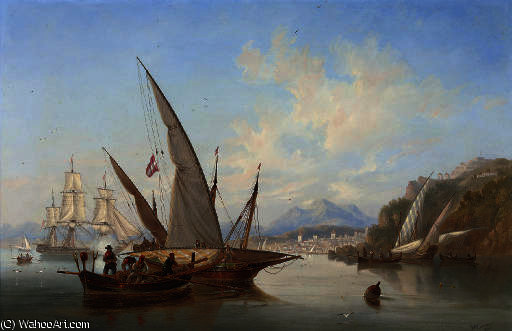 Local Craft And A Saluting Frigate In The Bay Off Rethymnon — John Wilson Carmichael