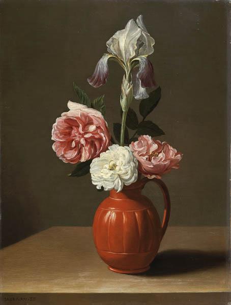 An Iris And Three Roses In An Earthenware Pot — Jacob Foppens Van Es