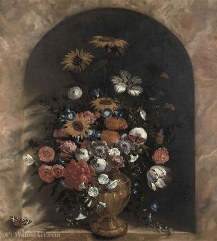 Flowers In A Stone Niche — Vincent I Laurensz Van Der Vinne