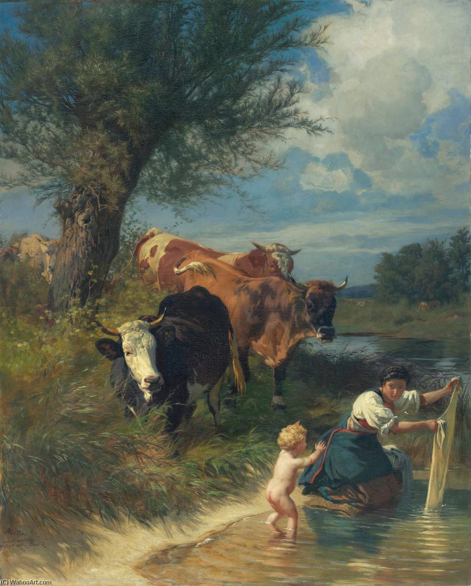 Kühe Und Wäscherin Am Bach Cows And Washerwoman Near A Brook — Rudolf Koller