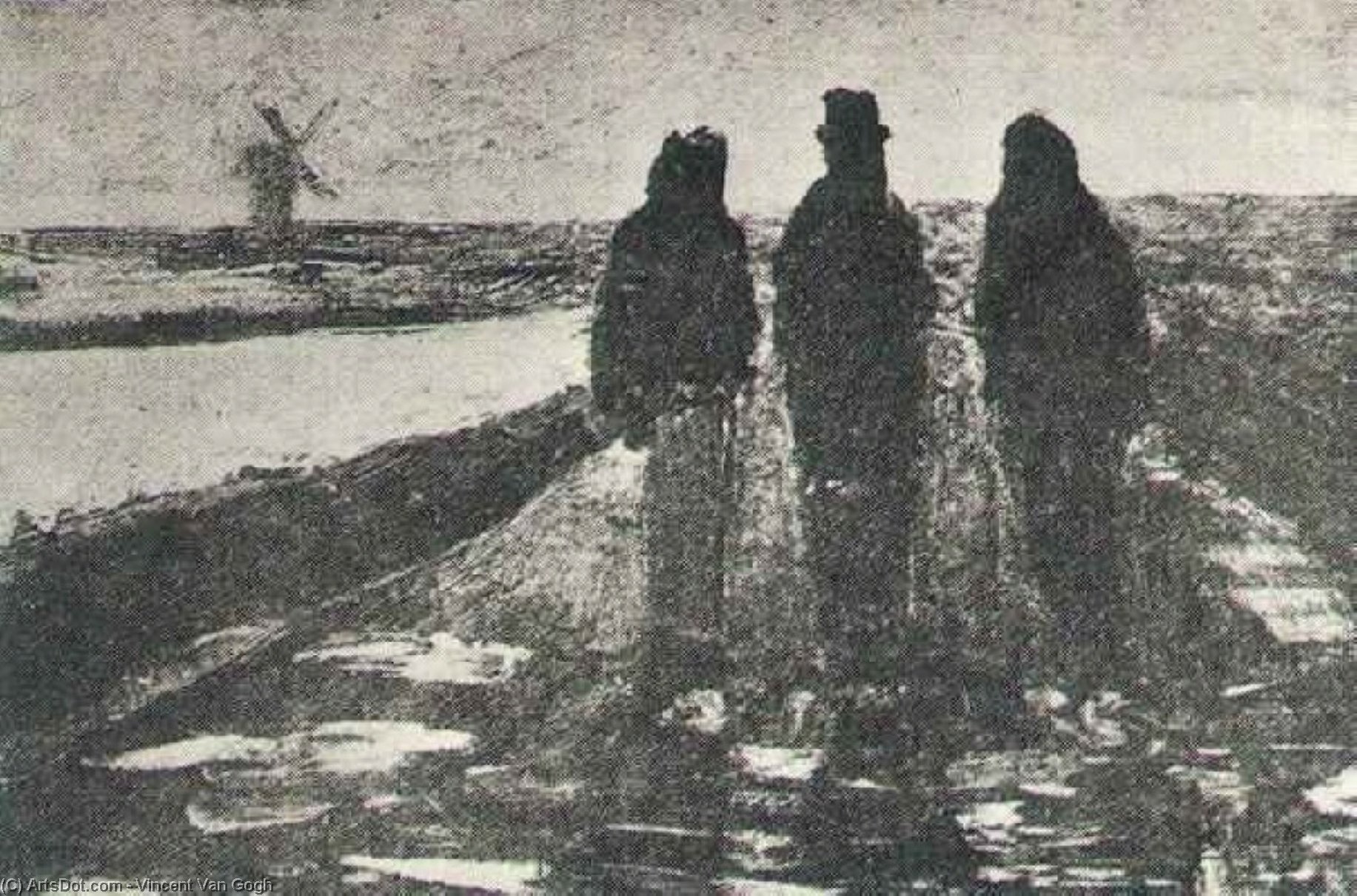 Three Figures Near A Canal With Windmill — Vincent Willem Van Gogh