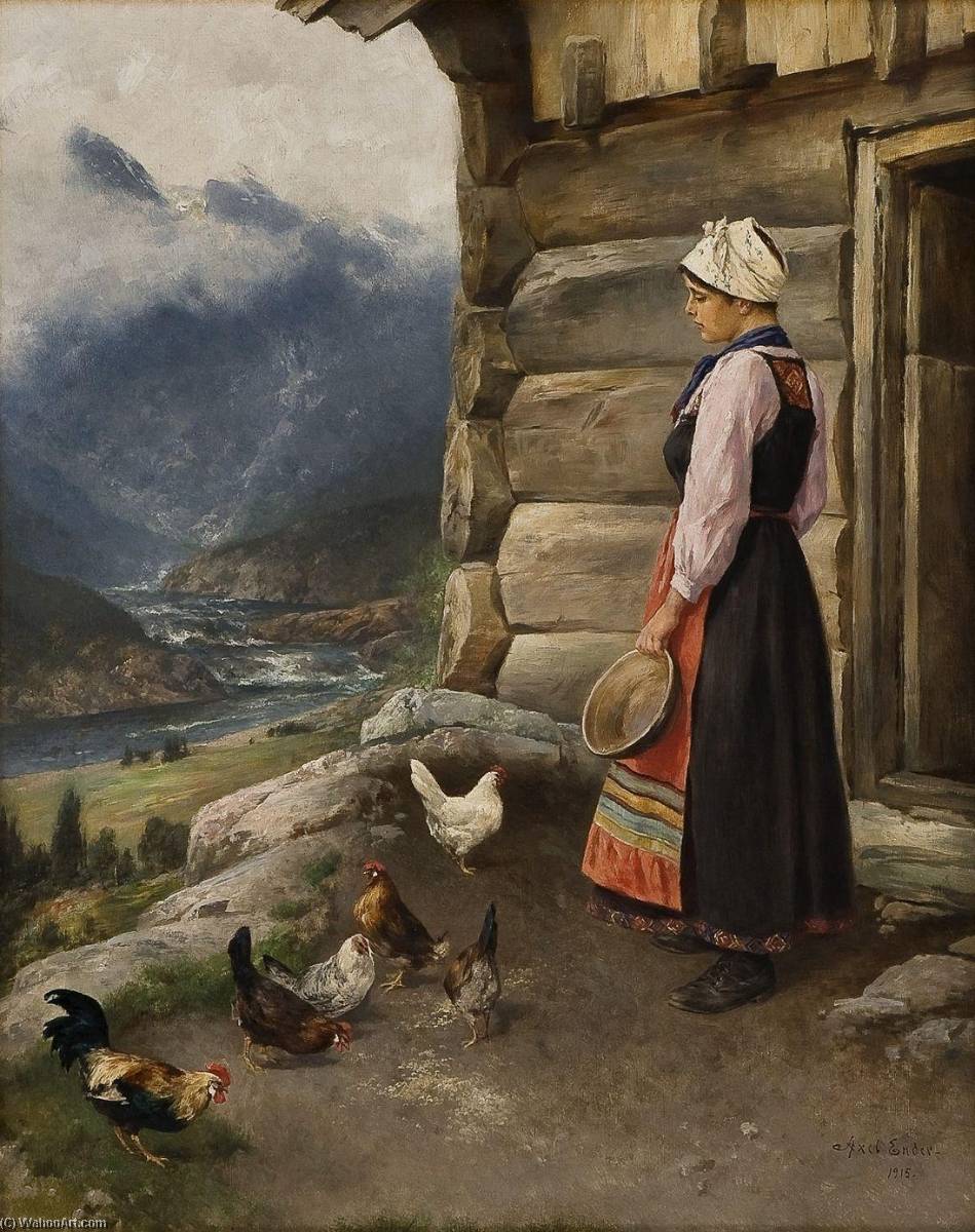 Milkmaid With Hens And A Cock — Axel Hjalmar Ender