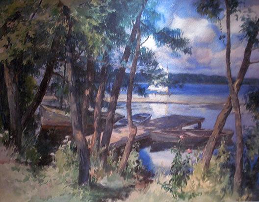 Reeds Lake With Rowboats, (painting) — Mathias Joseph Alten