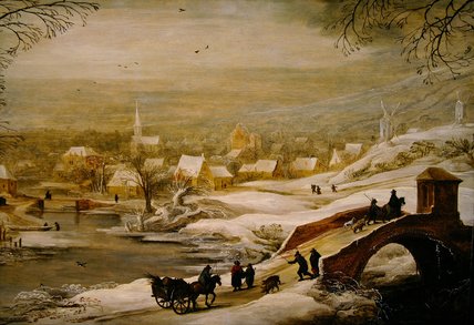 A Winter River Landscape With Travellers On A Bridge — Joos De Momper
