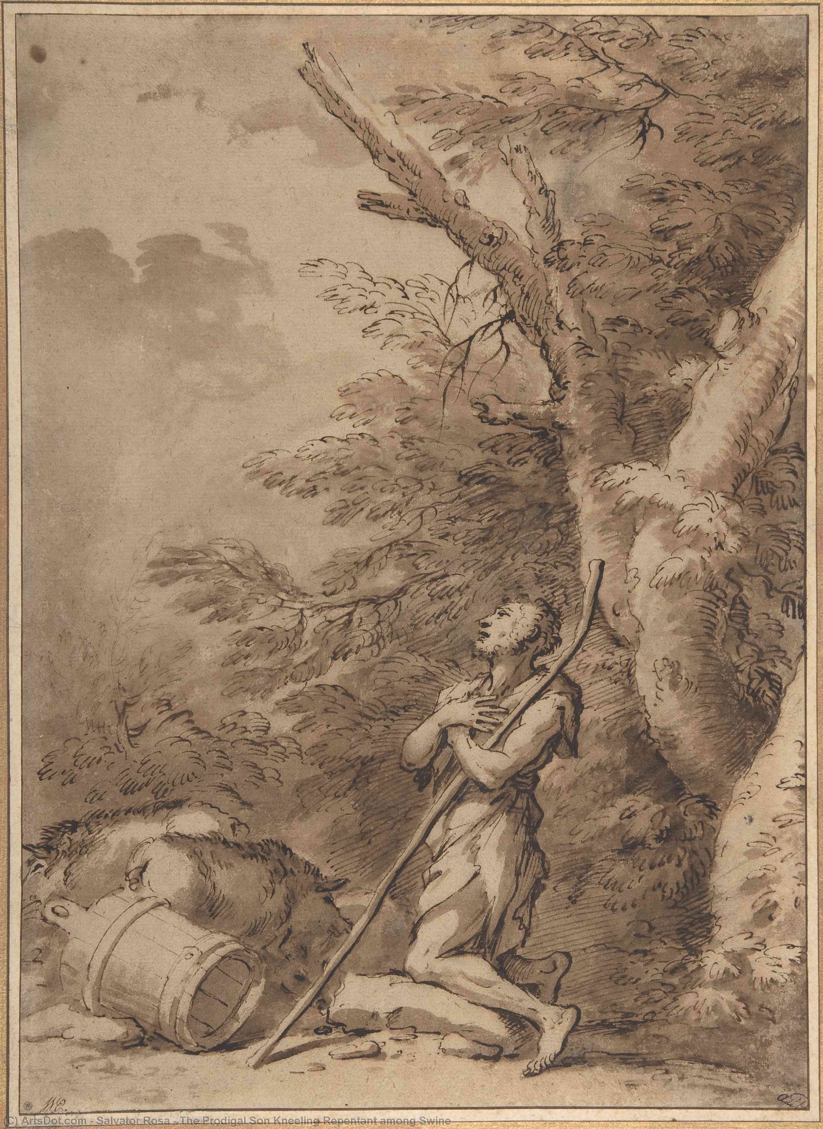 The Prodigal Son Kneeling Repentant Among Swine — Salvator Rosa