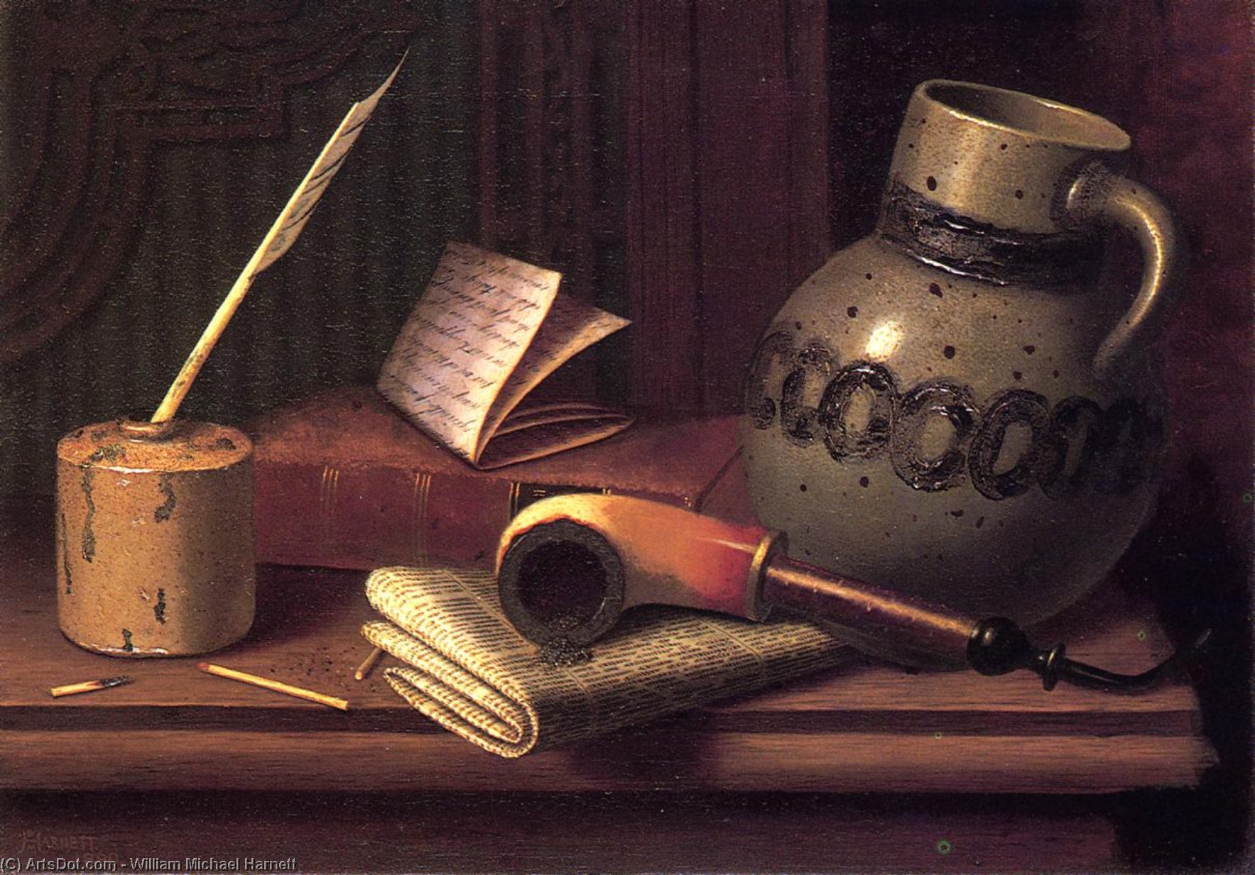 Still Life With Inkwell, Book, Pipe And Stoneware Jug — William Michael Harnett