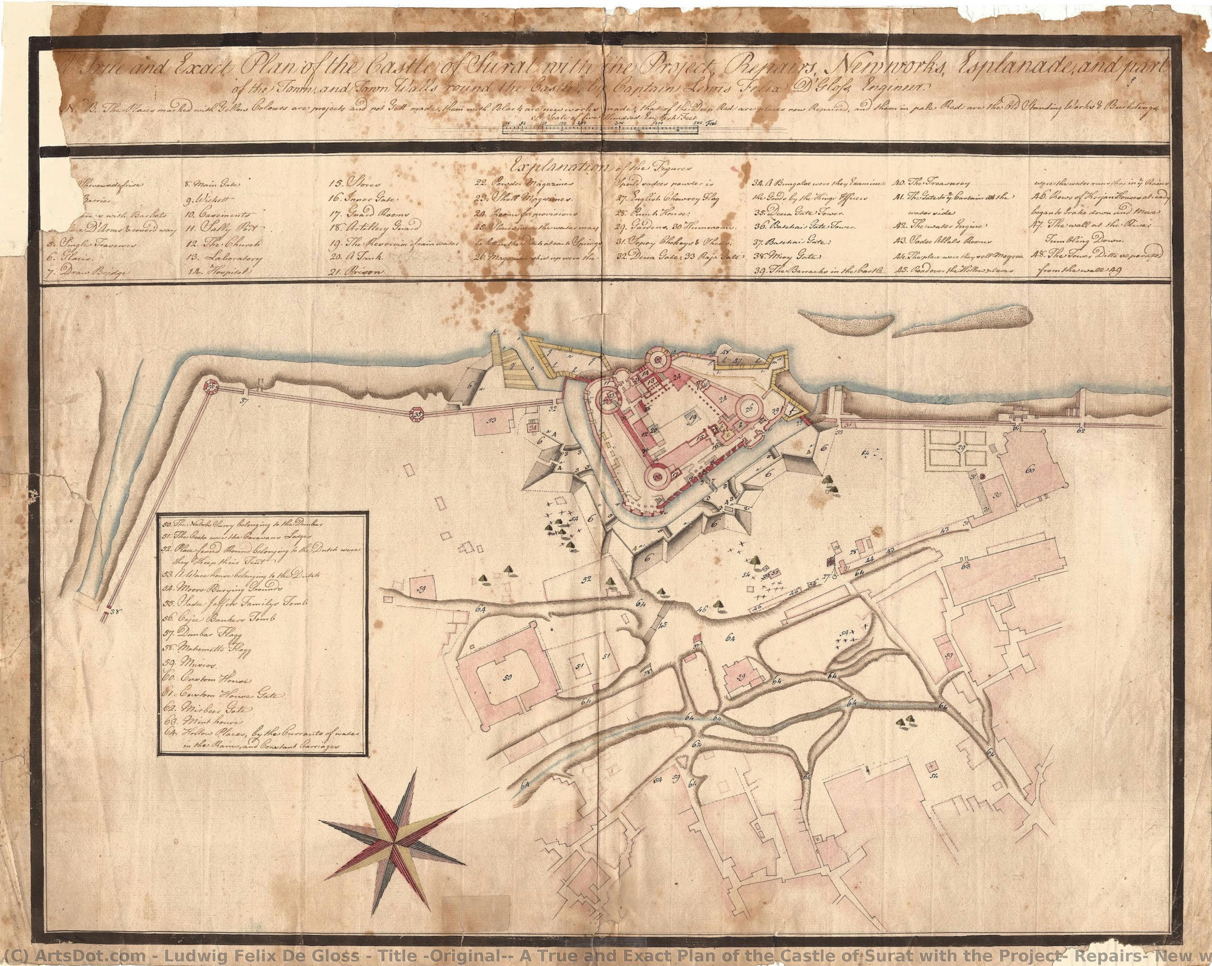 Title (original): A True And Exact Plan Of The Castle Of Surat With The Project, Repairs, New Works, Esplanade, And Part Of The Town, And Town Walls Around The Castle… — Ludwig Felix De Gloss