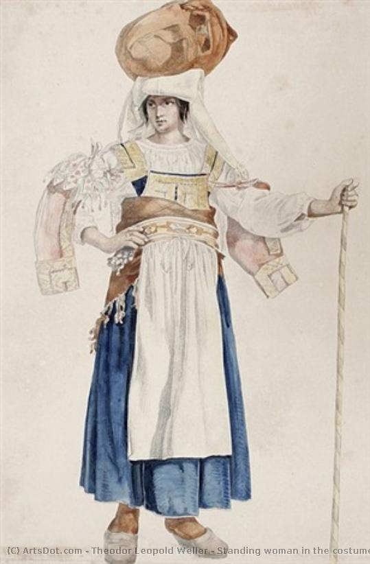 Standing Woman In The Costume Of Cervara, A Tied Pouch On Her Head And With A Walking Stick — Theodor Leopold Weller