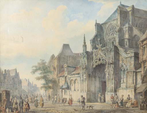 A Townview With Figures On A Church Square — Cornelis Springer