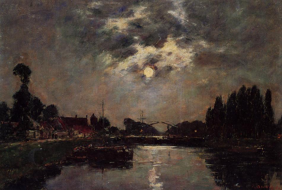 Saint-valery-sur-somme, Moonrise Over The Canal — Eugène Louis Boudin