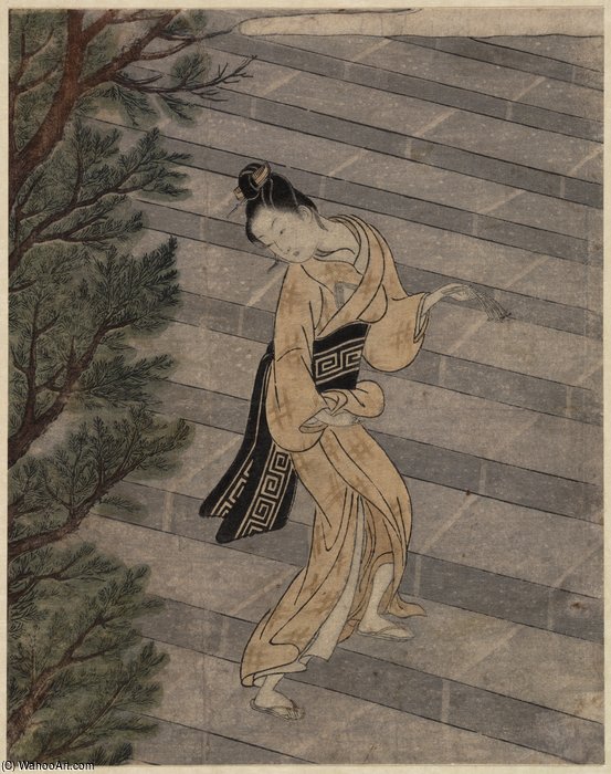 Young Woman Climbing Stone Stairs To A Shinto Temple — Suzuki Harunobu