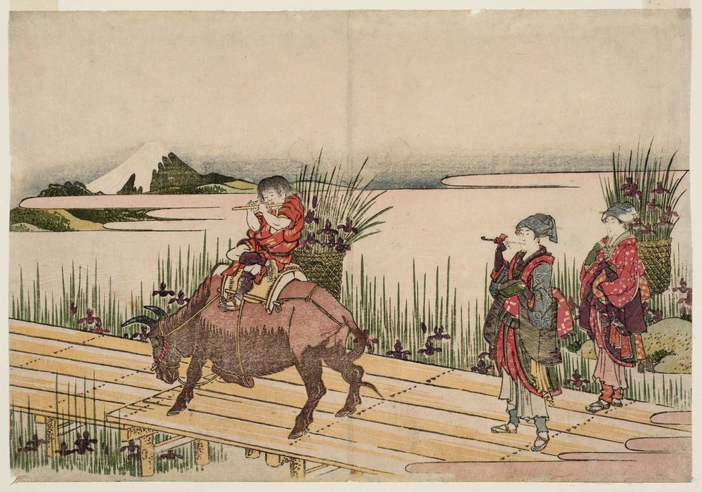Dos Mujeres Y Un Niño Sobre Una Vaca Con Cestas De Lirios — Katsushika Hokusai