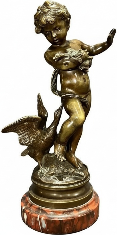 Bronze Cherub With Duckling Statue On Marble Base