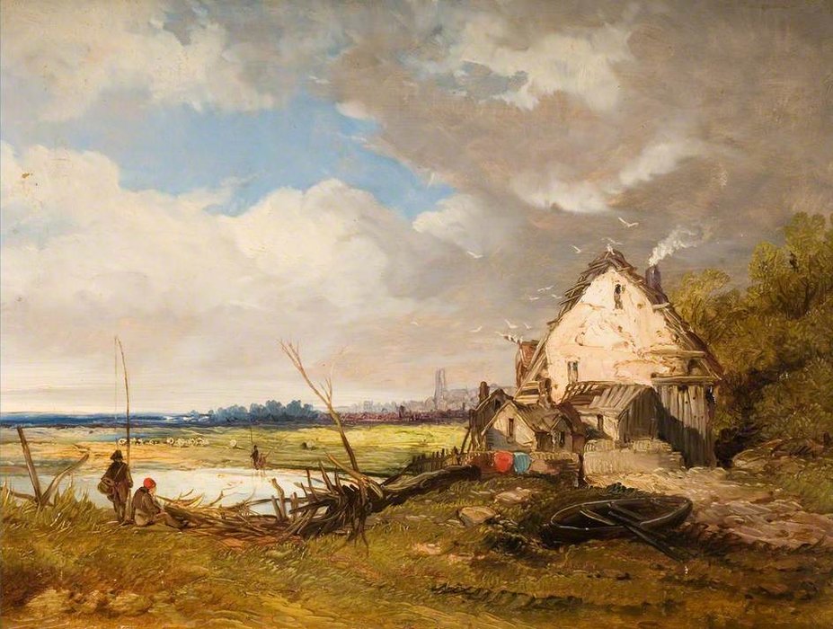 Anglers By A Cottage On A River Bank — James Netherlands