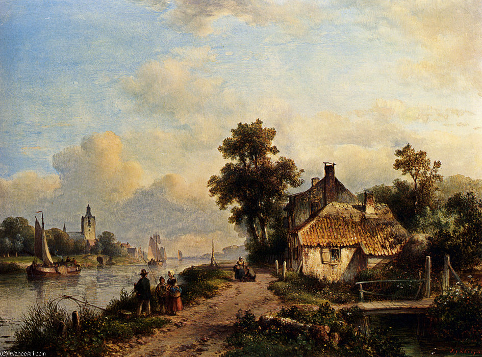 A Summer Landscape With Figures Along A Waterway — Lodewijk Johannes Kleijn