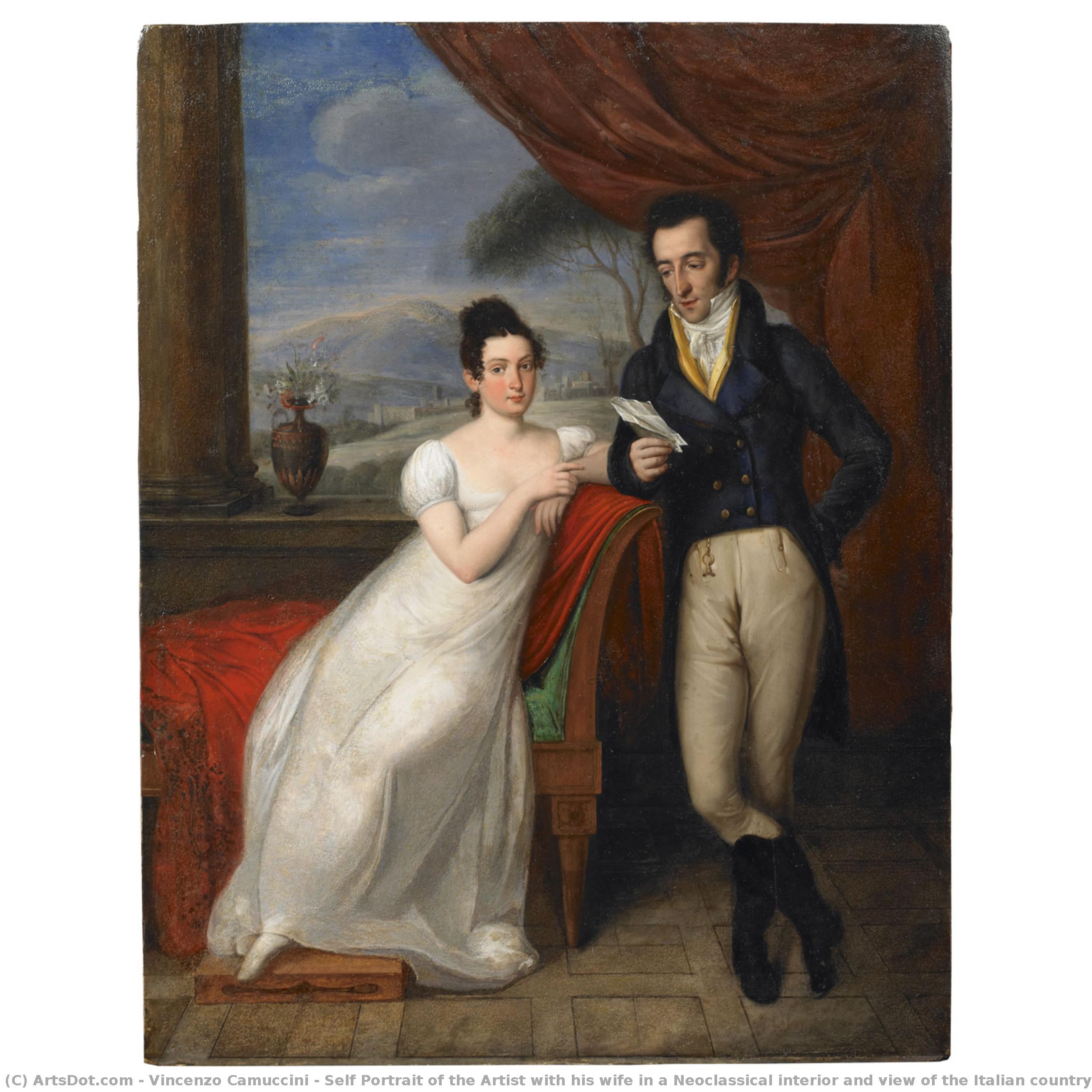 Self Portrait Of The Artist With His Wife In A Neoclassical Interior And View Of The Italian Countryside In The Distance — Vincenzo Camuccini