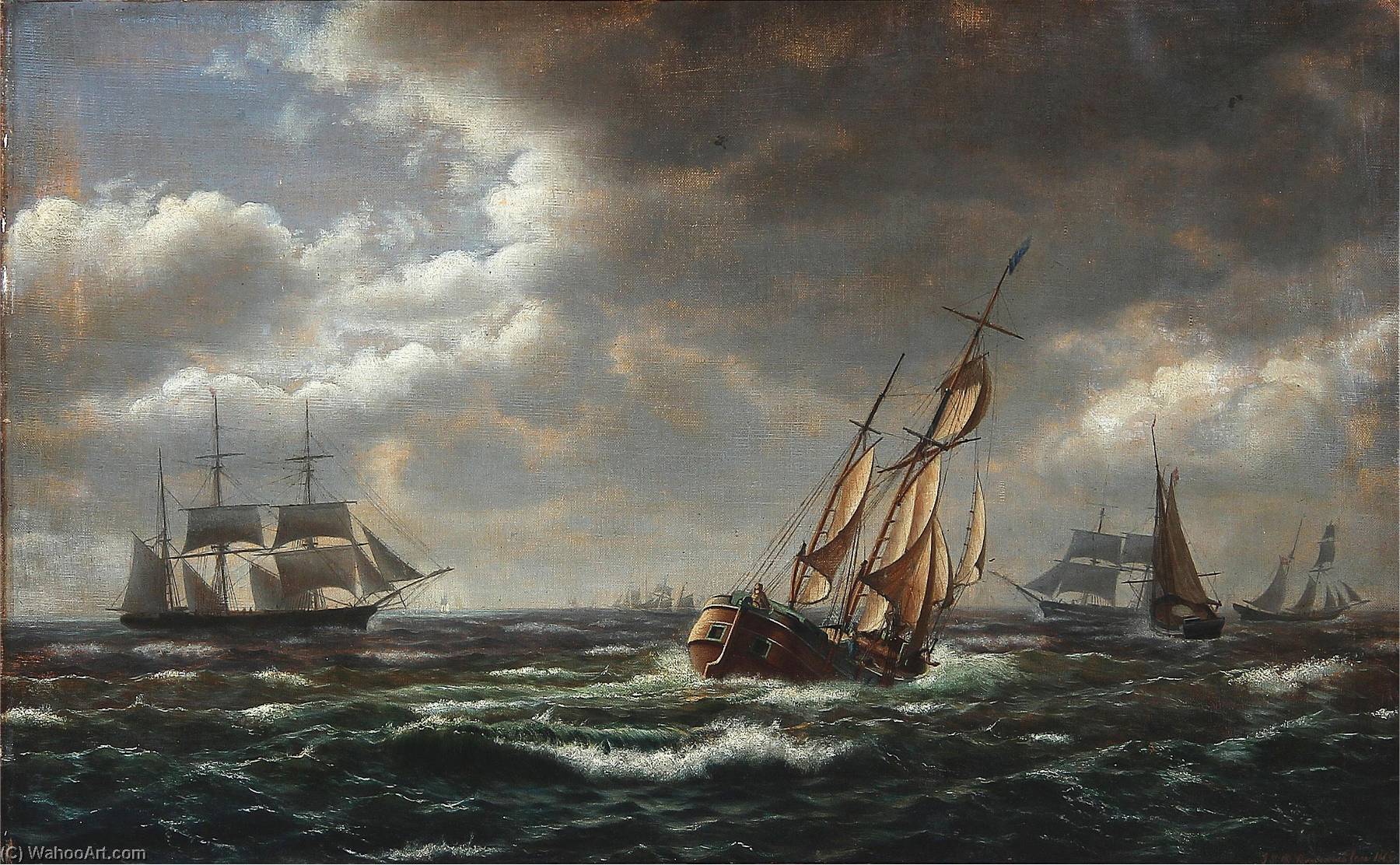 Seascape With Sailing Ships In High Waves — Jens Erik Carl Rasmussen