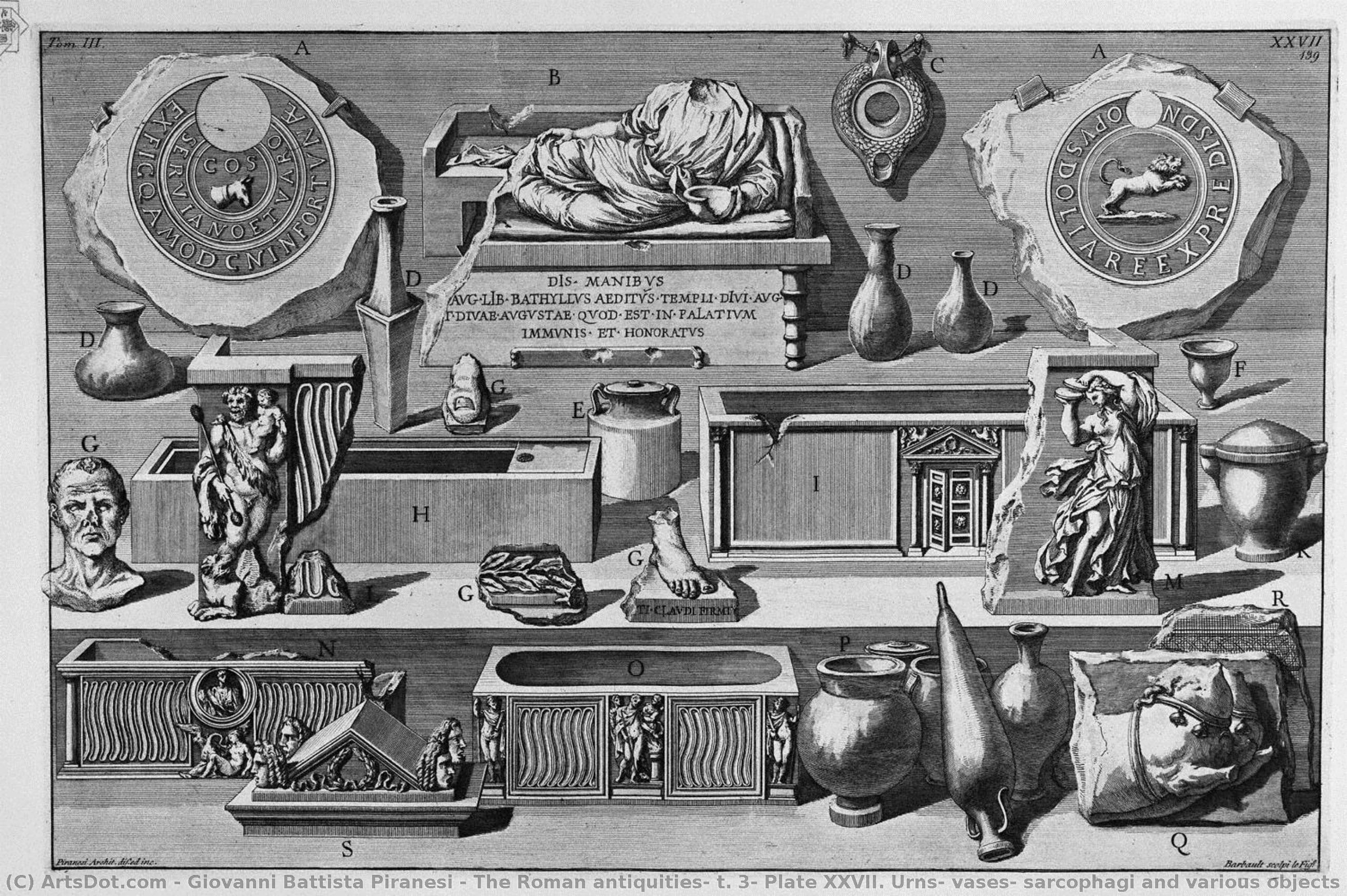 The Roman Antiquities, T. 3, Plate Xxvii. Urns, Vases, Sarcophagi And Various Objects Found In Burial Chambers Above (figures Carved From Barbault). — Giovanni Battista Piranesi