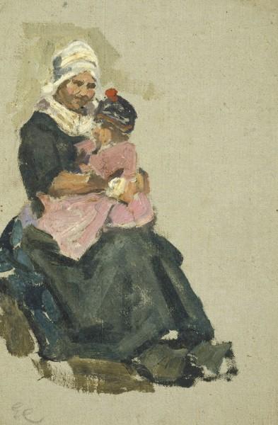 Sketch Of A Seated Dutch Woman Holding A Child On Her Knee — Sir George Clausen