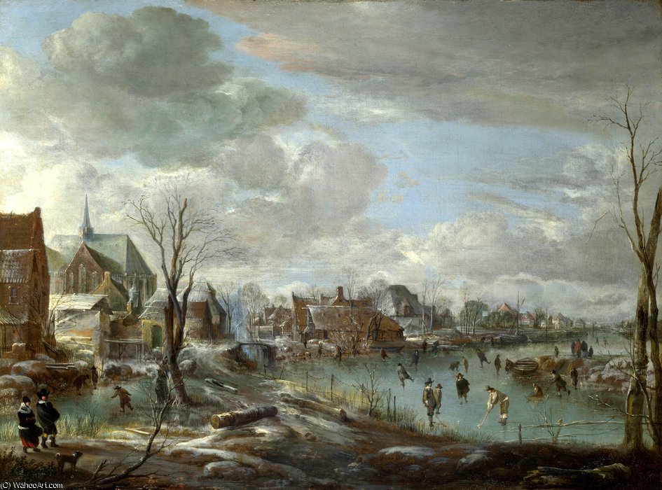 A Frozen River Near A Village, With Golfers And Skaters — Aert Van Der Neer
