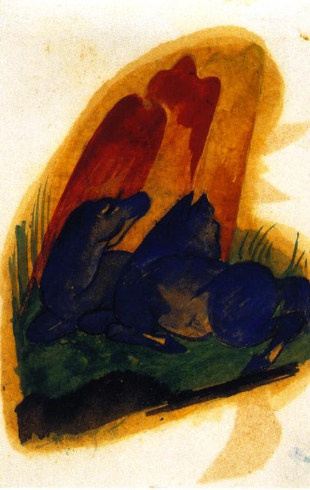 Two Blue Horses In Front Of A Red Rock — Franz Marc