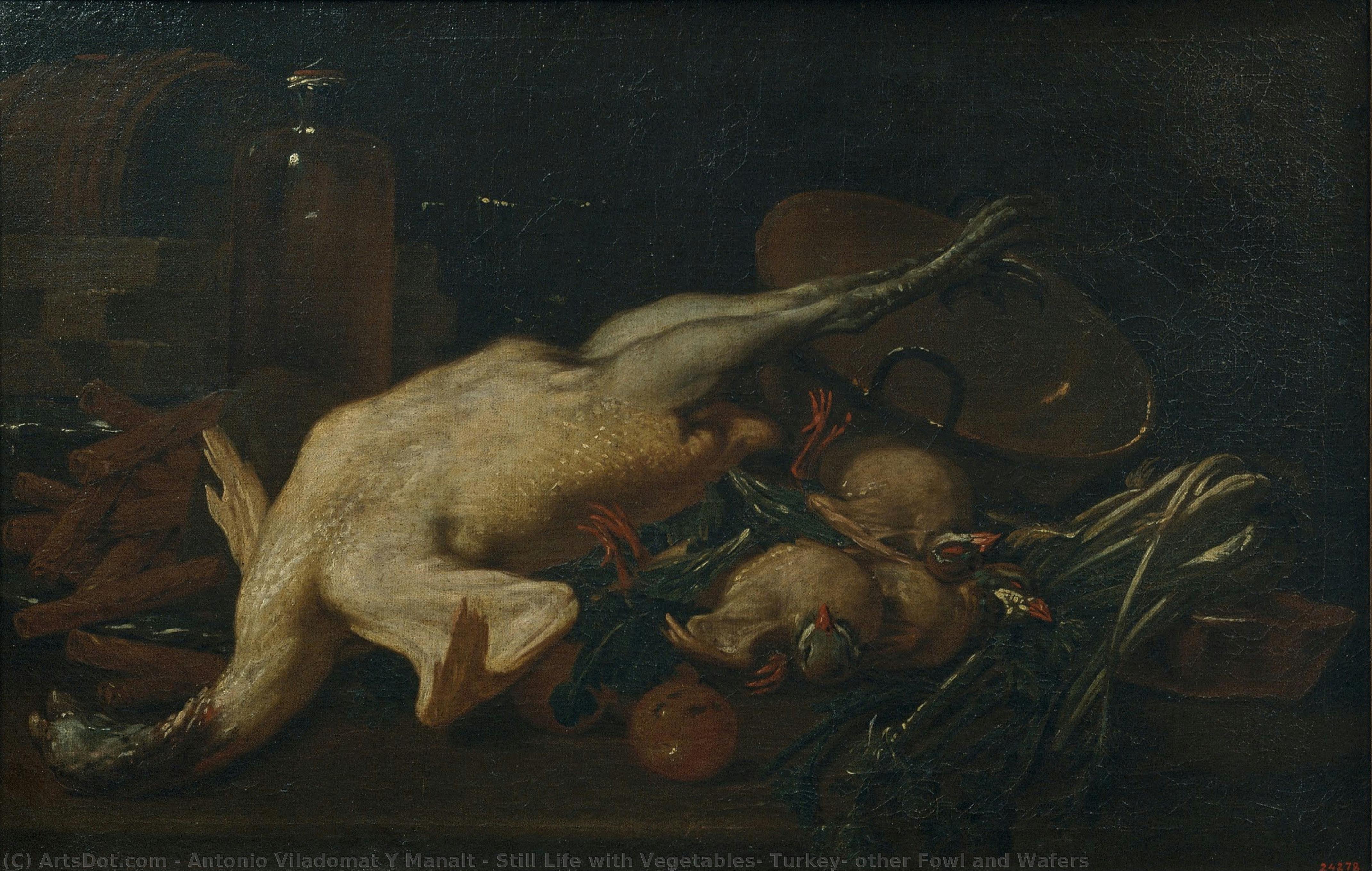 Still Life With Vegetables, Turkey, Other Fowl And Wafers — Antonio Viladomat Y Manalt