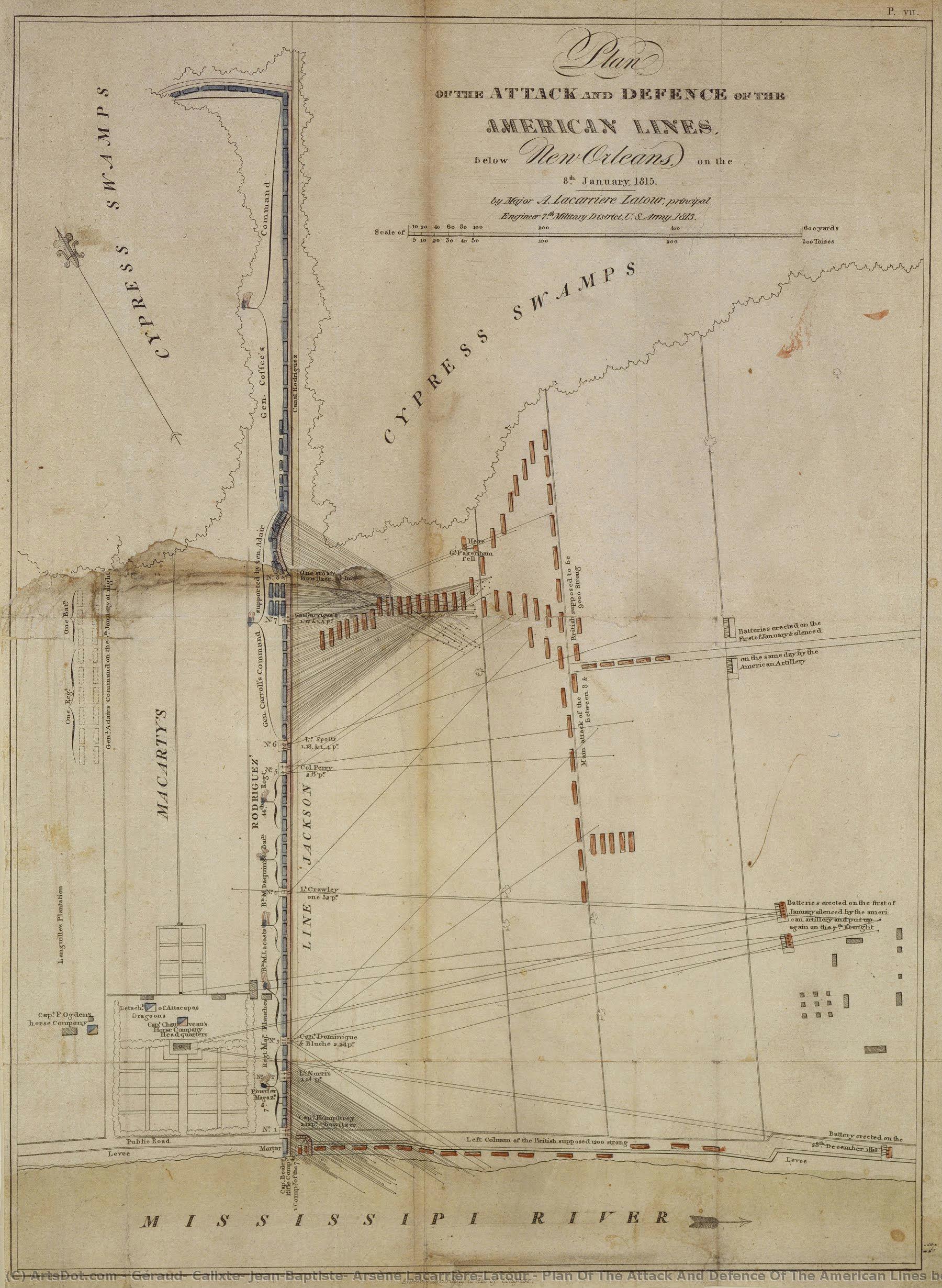 Plan Of The Attack And Defence Of The American Lines Below New Orleans — Géraud, Calixte, Jean-baptiste, Arsène Lacarrière-latour