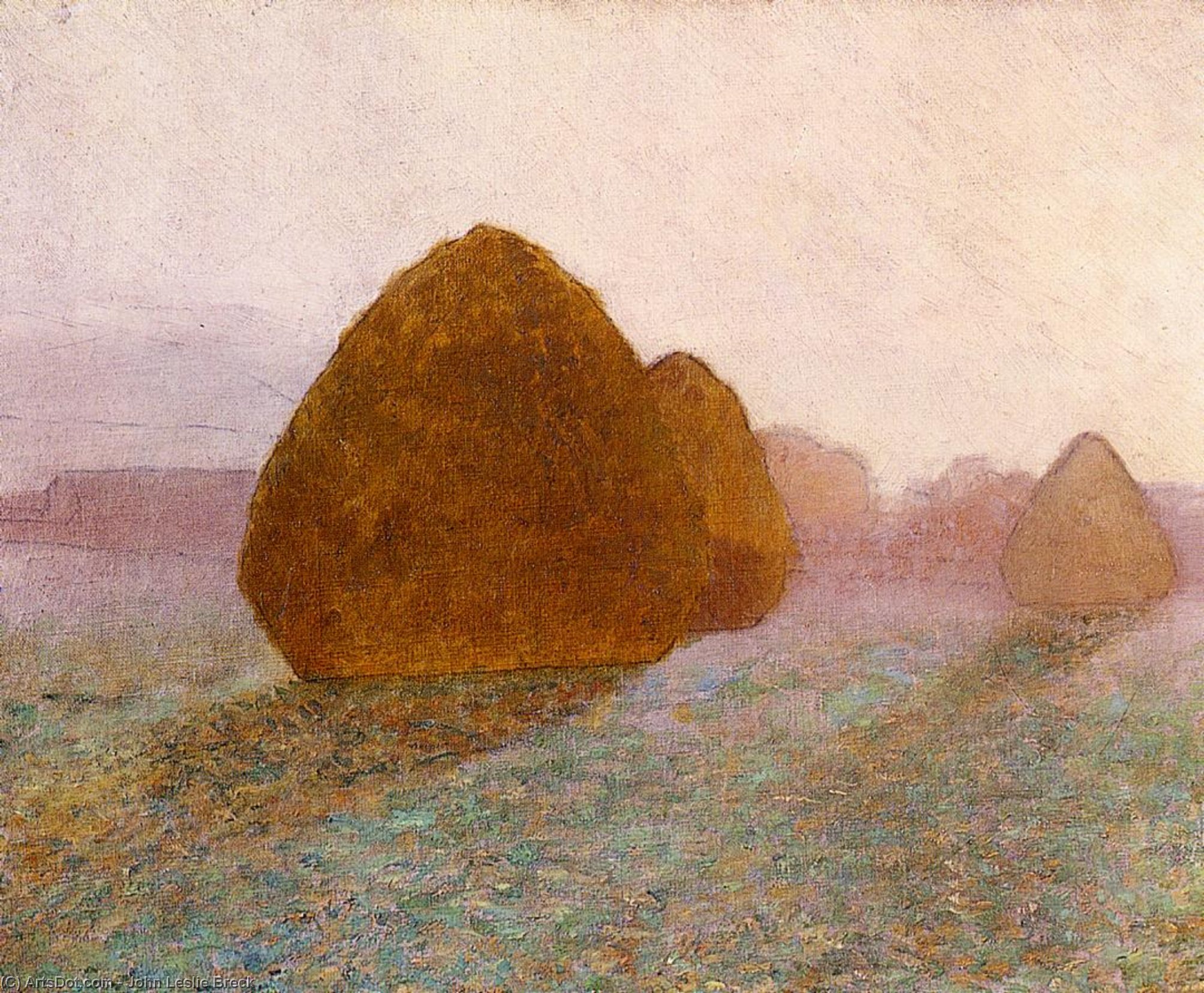 Haystack At Giverny, Normandy: Sun Dispelling Morning Mist — John Leslie Breck