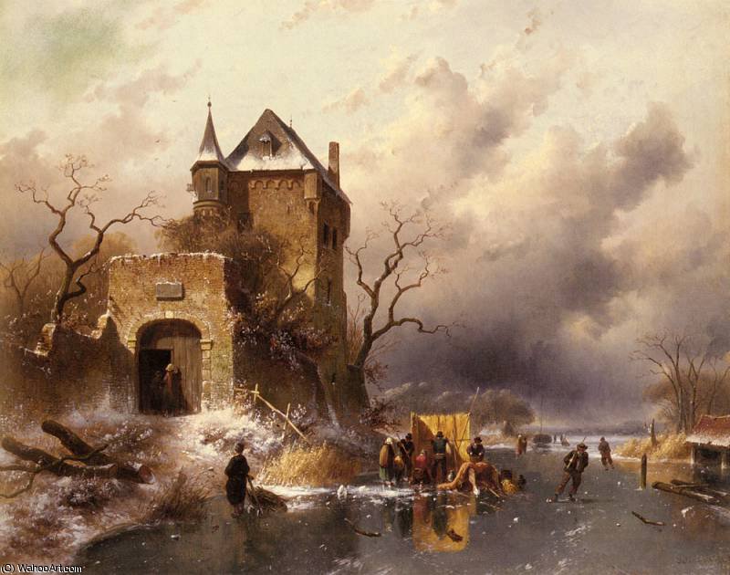 Skaters On A Frozen Lake By The Ruins Of A Castle — Charles Henri Joseph Leickert
