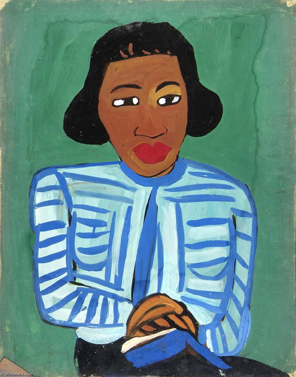 Portrait Of Woman With Blue And White Striped Blouse — William H. Johnson