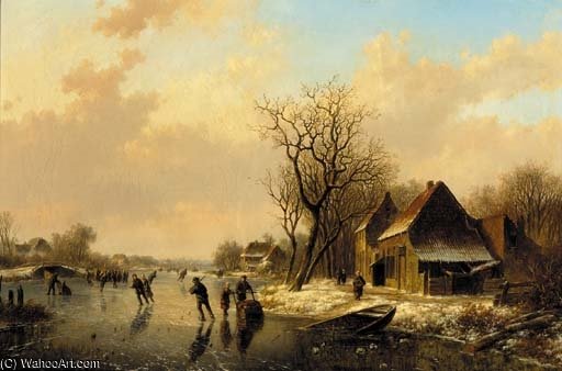 Skaters On A Frozen River Near A Dutch Town — Willem Vester