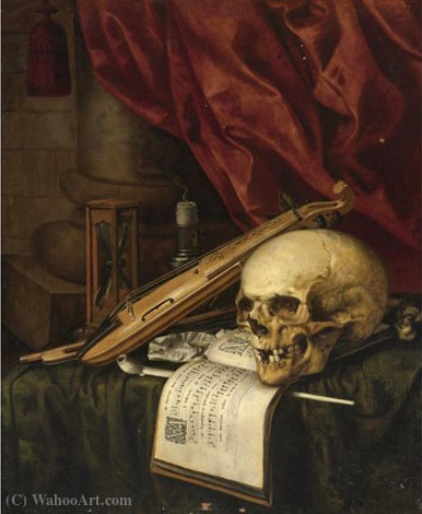 A Vanitas Still Life With A Skull, A Violin, A Musical Score, A Pipe And Tobacco, An Hourglass And A Candle On A Draped Table — Simon Renard De Saint André