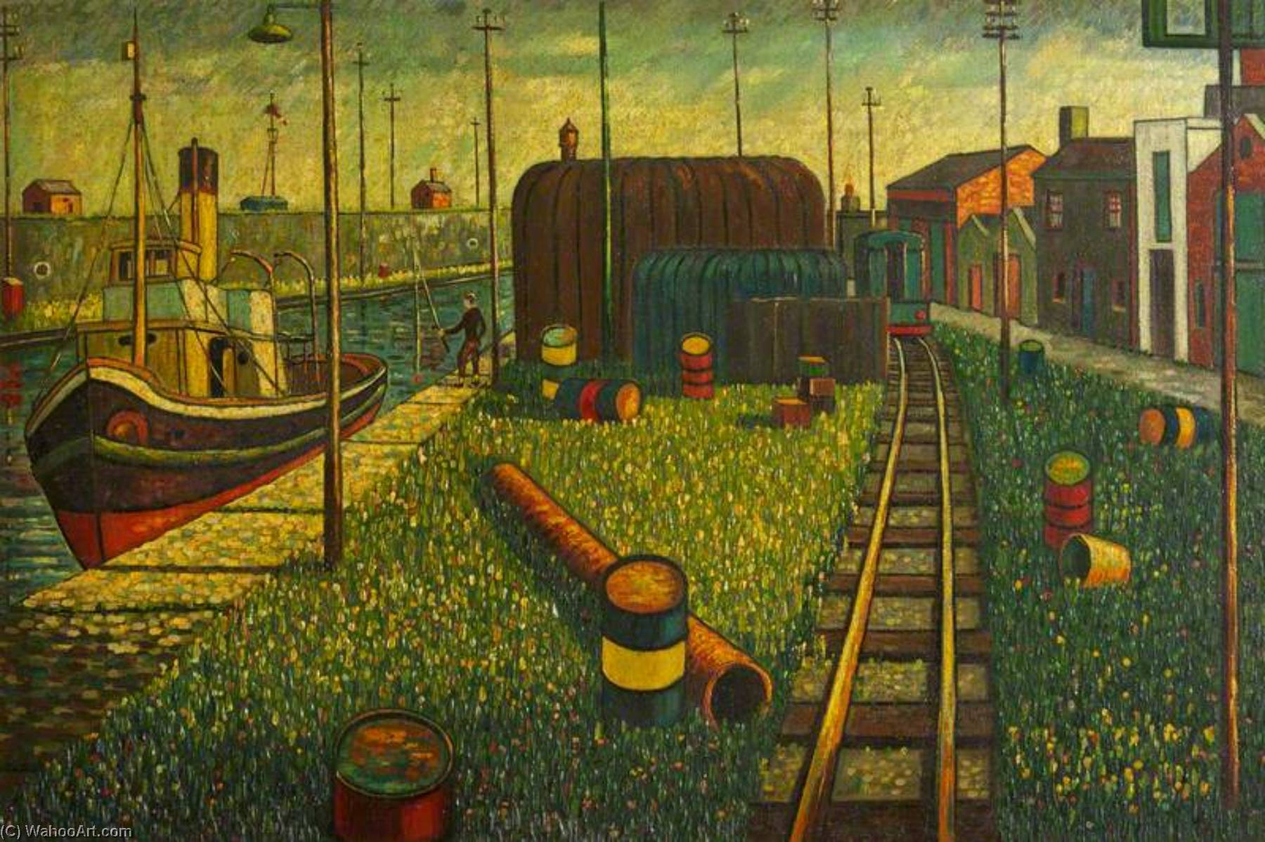 Figure Fishing By A Quayside With A Moored Tug Close By And Barrels Near A Railway Line — Charles Byrd