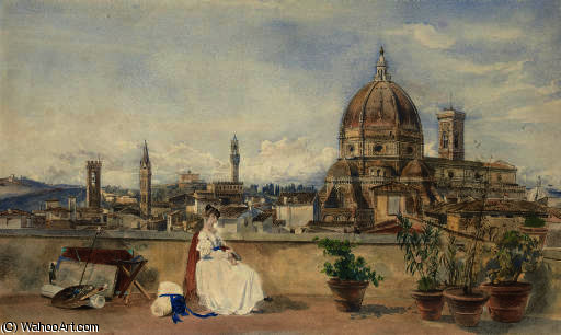 The Artist's Wife Admiring The Skyline Of Florence With The Bargello — Thomas Hartley Cromek