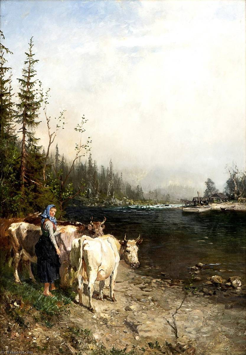 Milkmaid With Cows By Riverbank — Anders Monsen Askevold