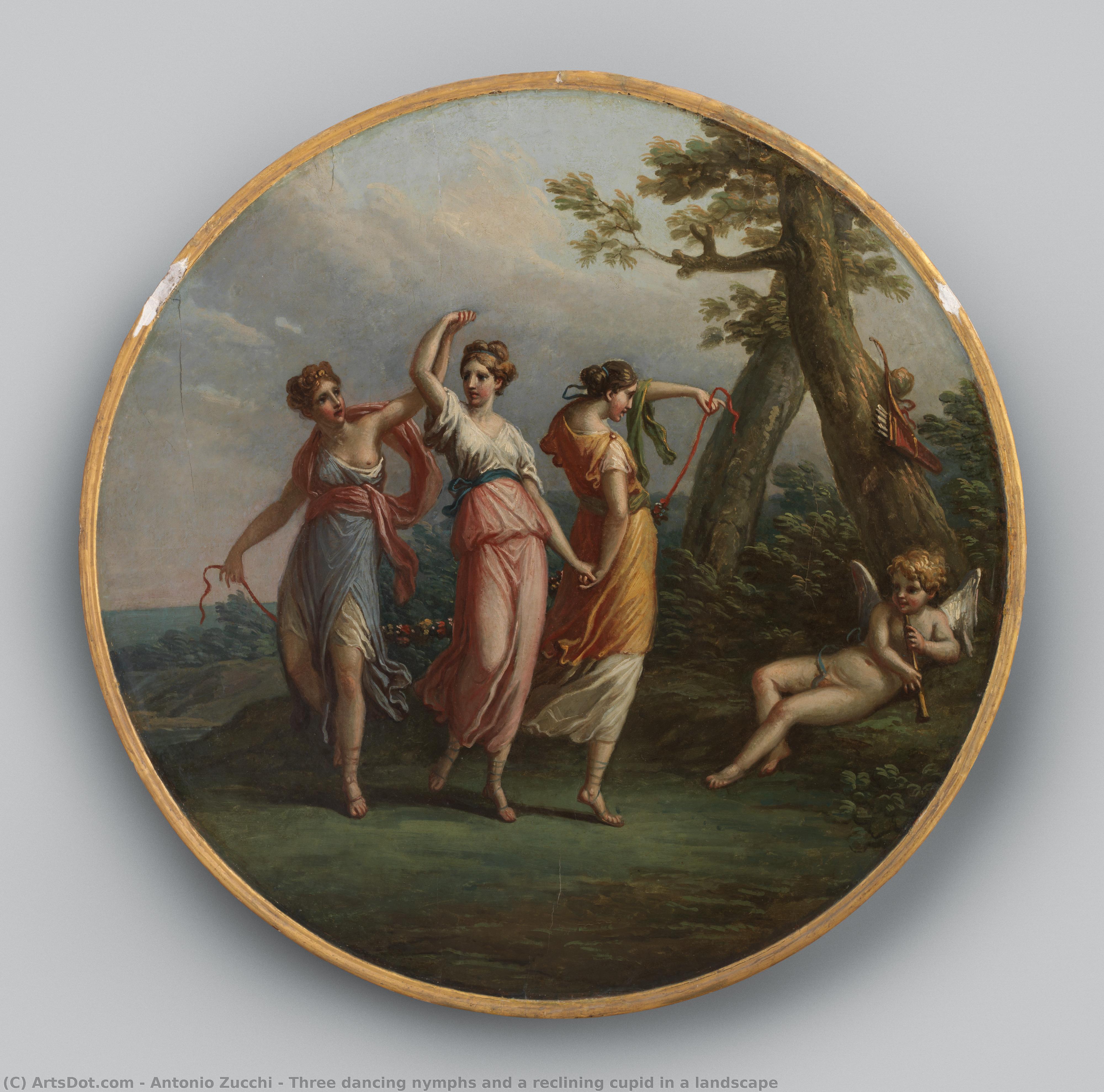 Three Dancing Nymphs And A Reclining Cupid In A Landscape — Antonio Zucchi
