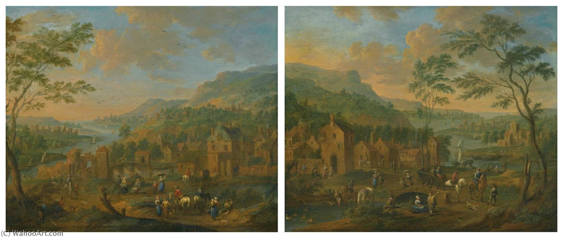Two Scenes Of A Village On The Banks Of A River — Karel Breydel