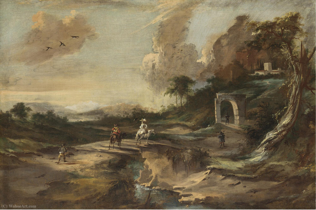 Landscape With Hikers On A Bridge — Pandolfo Reschi