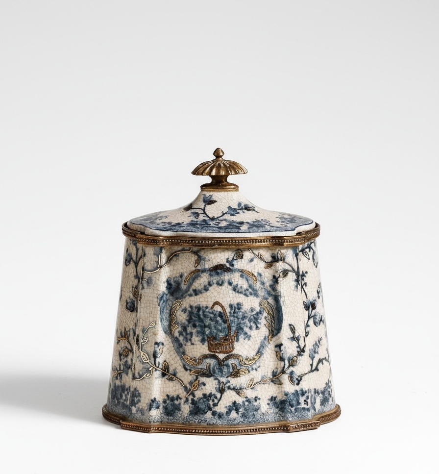 Handmade Blue & White Porcelain Vase With Brass Accents
