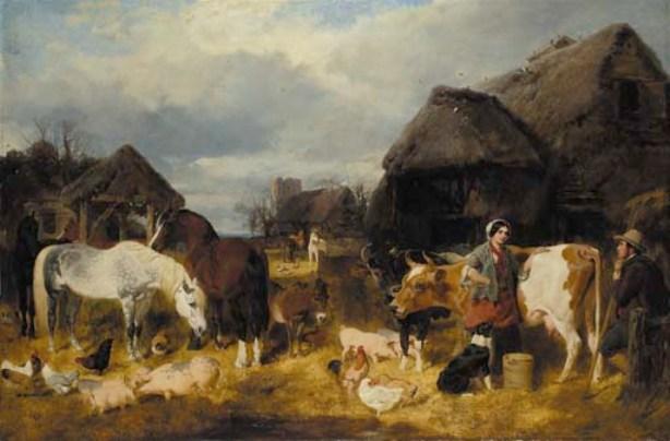 A Farmyard Scene With Milkmaid And A Farm Labourer — John Frederick Herring Senior