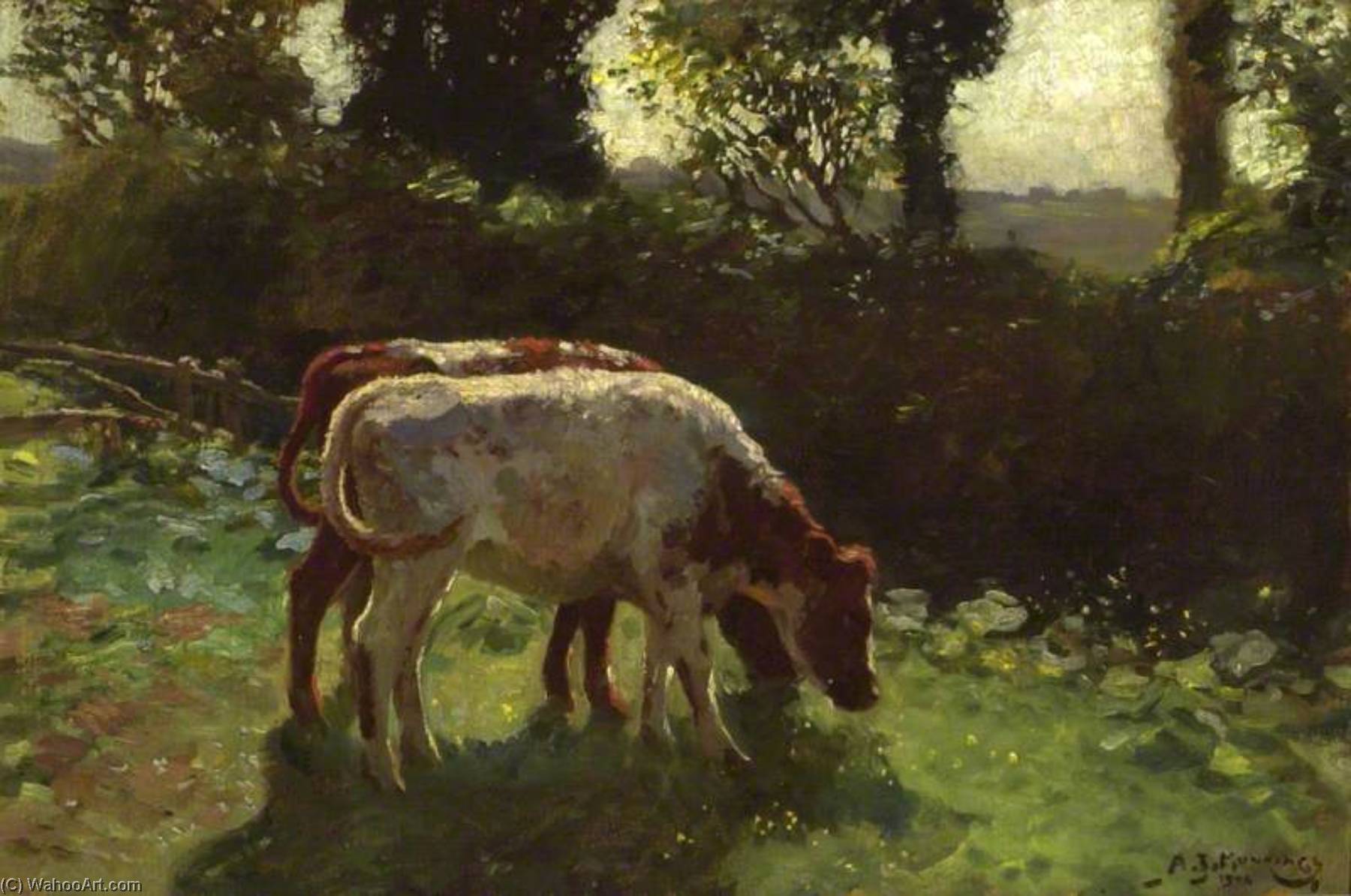 Two Calves Grazing By A Hedge — Sir Alfred James Munnings