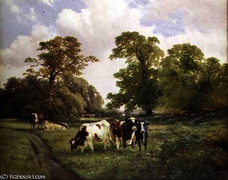 Cattle Grazing By A Path In A Wooded Landscape — Джеймс Даффилд Харринг