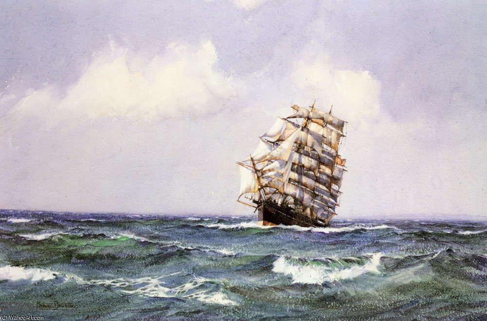 The Ship Lightening Making Landfall In Summer Weather — Montague Dawson